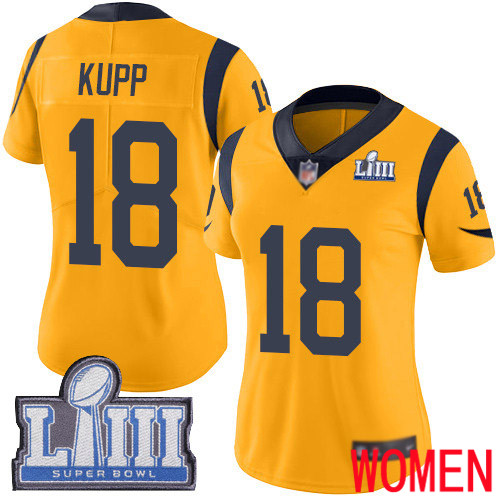 Los Angeles Rams Limited Gold Women Cooper Kupp Jersey NFL Football #18 Super Bowl LIII Bound Rush Vapor Untouchable->women nfl jersey->Women Jersey